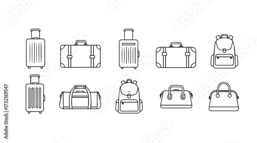 Collection of assorted luggage and travel bags line art icons for tourism and adventure vector
