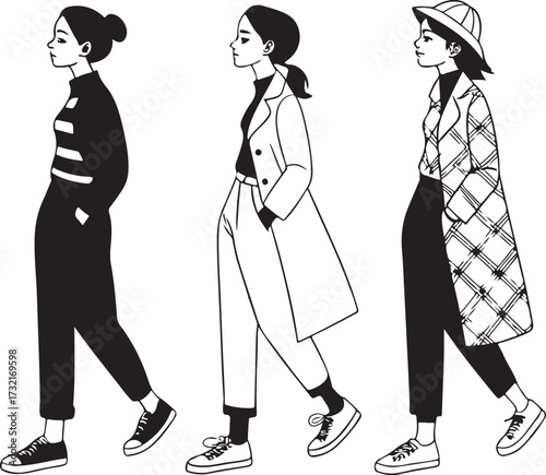 Artistic vector illustration of a group of young women walking in colorful, stylish clothing for lifestyle and friendship concepts