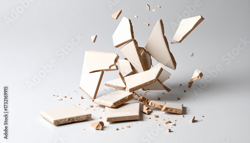 A tile breaking apart into jagged shards against a clean surface
