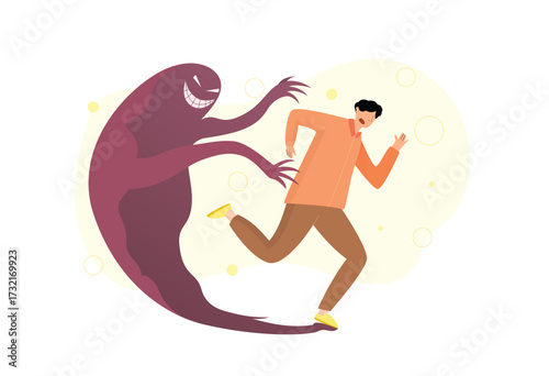 Fear and Anxiety Man Running from Shadow Figure. Fear illustration concept. Vector Illustration