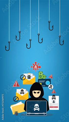 Hacker with laptop computer stealing confidential data, personal information and credit card detail. Hacking concept.	