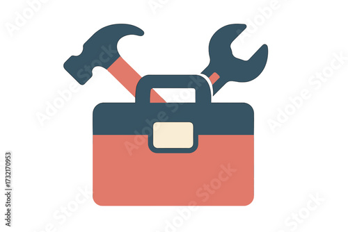 Stylized graphic of a classic red and blue toolbox containing essential repair and maintenance tools like a hammer and wrench for home improvement