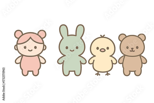 Collection of adorable cartoon characters featuring a little girl, a cute bunny, a baby chick, and a sweet teddy bear standing together