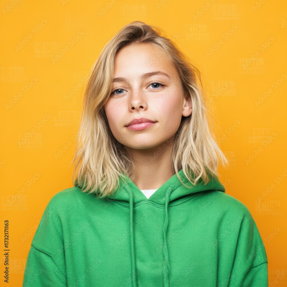 Fototapeta premium Young Australian woman in green clothing against a vibrant orange background