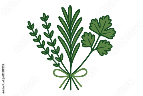 Fresh aromatic culinary herbs bundle with rosemary, thyme, and parsley for cooking and seasoning