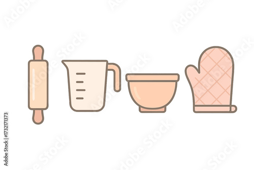 Set of essential kitchen baking tools including rolling pin, measuring cup, mixing bowl, and oven mitt for home use