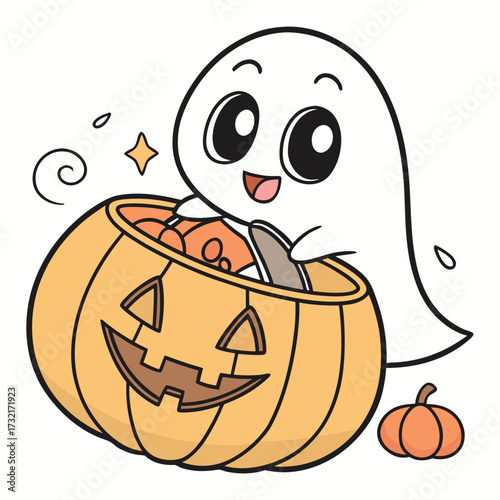 Cute ghost in pumpkin bucket for halloween