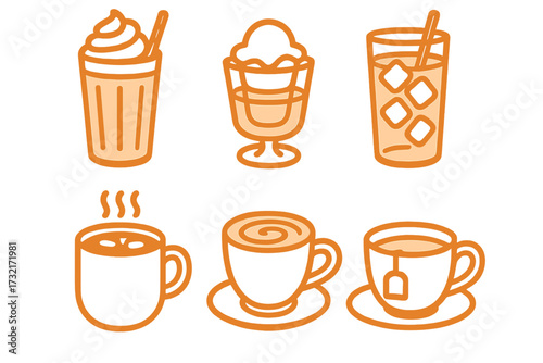 Stylized hot and cold drinks for cafe menus and beverage advertisements