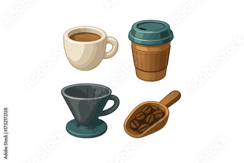 Collection of coffee accessories: ceramic mug, takeaway cup, pour-over dripper, roasted beans