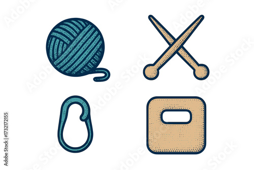 Collection of knitting yarn ball, crossed needles, climbing carabiner, and rectangular tote bag icons
