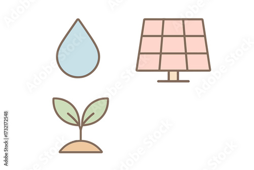 Water drop, green plant sprout, and solar panel icons symbolizing environmental protection and sustainable energy