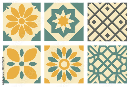 Assortment of decorative patterned tiles with geometric and floral motifs in a vintage color palette