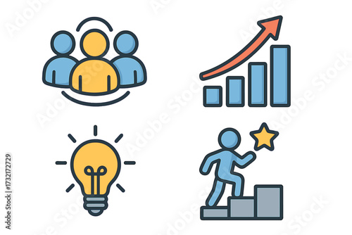Business icons set featuring teamwork, growth, innovation, and success symbols. Vector collection of icons for collaboration, progress chart, creative idea, and career goals.
