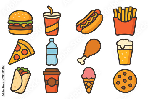 Fast food flat icons set. Vector cartoon illustration collection of junk food, drinks and desserts. Hamburger, pizza, hot dog, fries, soda, coffee, beer, ice cream signs.