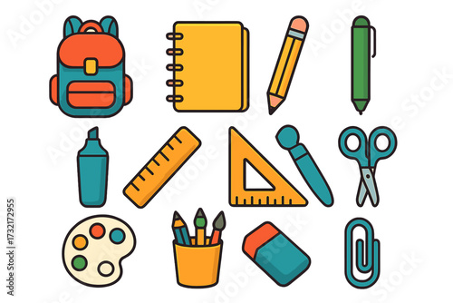 School supplies icon set vector. Back to school stationery collection. Education, office items. Cartoon illustration. Backpack, pencil, notebook, ruler, scissors, eraser icons.