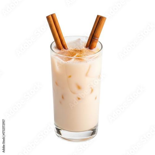 Refreshing cinnamon drink with ice and toppings in a tall glass isolated on transparent background