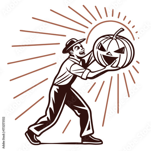 A man holding a jackolantern with sun rays