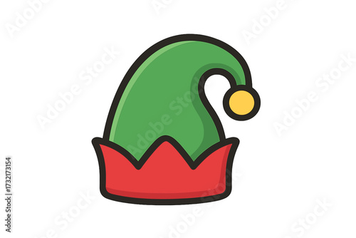 Elf hat icon vector. Christmas decoration cartoon illustration. Flat style holiday graphic. Santa's helper costume accessory. Xmas festive symbol isolated. Winter fantasy gnome cap.