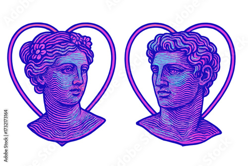 Vaporwave Greek statues in hearts. Y2K cyberpunk couple. Roman sculpture heads for Valentine's Day. Retro futuristic love concept with wavy linear pattern design.