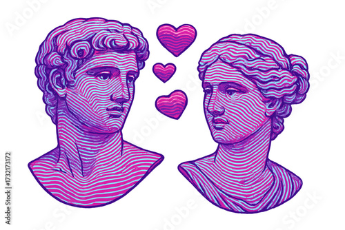 Antique Greek statues in love. Roman male and female sculpture couple with hearts for Valentine's day. Renaissance bust in modern y2k vaporwave linear wavy pattern style.