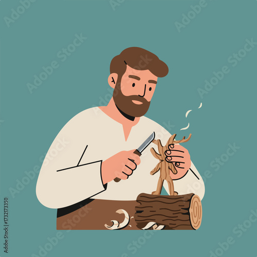 Bearded man carves small wooden figure with knife on log, wood shavings visible