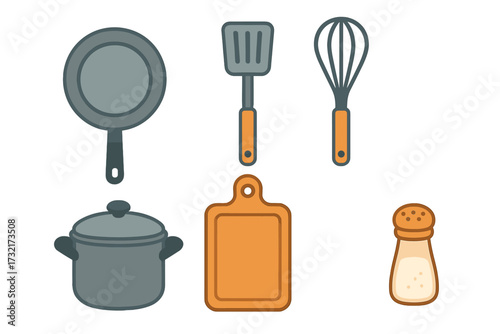 Kitchenware and cookware collection. Flat vector icon set including pan, spatula, whisk, pot, cutting board, salt shaker. Isolated cooking equipment for culinary design.