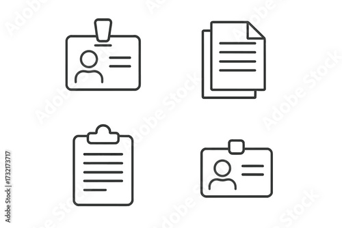 Employee badge, ID card, documents, clipboard outline icon set. Business identity, personal data, and office work concept. Minimalist linear pictogram with editable stroke.