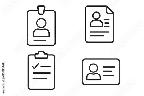 Employee badge, ID card, resume, CV and clipboard line icons set. Staff identification, personal documents and data vector outline pictograms. Minimalist linear icons.