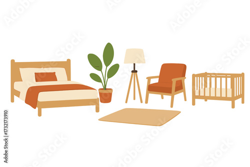 Scandinavian bedroom furniture set. Interior design home elements collection. Modern concept of bed, plant, tripod lamp, armchair, rug and baby cot. Flat vector illustration.