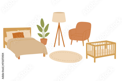 Cozy bedroom and nursery furniture set in Scandinavian style. Modern interior design elements. Vector collection with bed, armchair, baby cot, lamp, rug and plant.