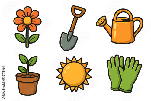 Gardening icons set with flower, shovel, watering can, potted plant, sun, and gloves. Vector cartoon illustration collection for spring planting and agriculture hobby.