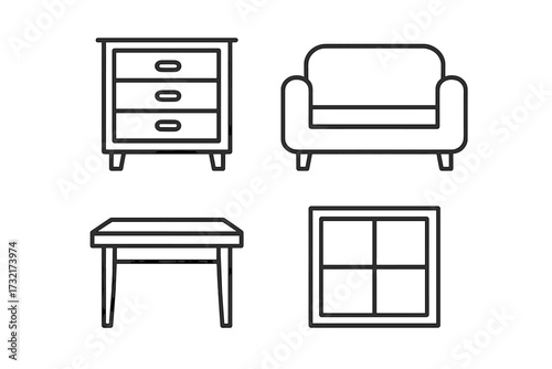 Furniture line icon set. Home interior outline symbols. Dresser, chest of drawers, armchair, table, window. Minimal linear pictogram collection for web, app, ui, ux design.