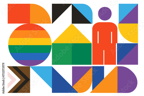 Geometric Bauhaus Pride Month vector background. Abstract minimal retro pattern with simple shapes. LGBTQ community, diversity and inclusion concept with rainbow progress flag.