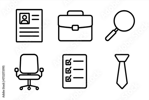 Job search and office work linear icons set. Professional career symbols. Vector outline illustration of resume, briefcase, magnifier, checklist, chair, and tie. HR recruitment concept.