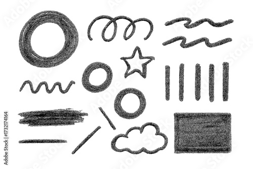 Black charcoal pencil scribble set with childish drawing elements. Vector doodle collection of hand-drawn sketchy lines, grungy smears, and rough crayon texture shapes.