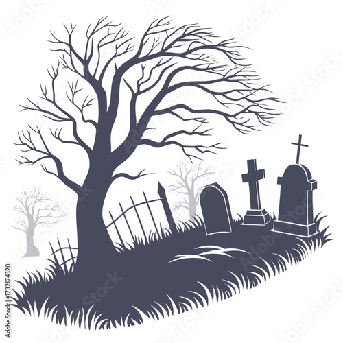 Silhouette of a spooky graveyard scene with tombstones and a bare tree