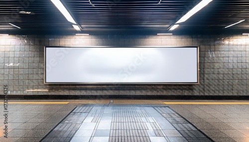 subway platform adorned with a long horizontal billboard and modern stone tile accents
