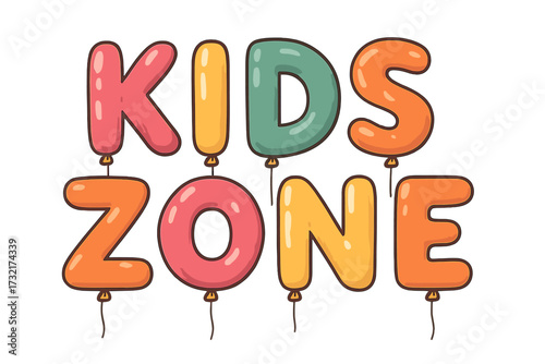 Kids Zone balloon letters. Cartoon vector font for children. Playful typography for party. Hand drawn alphabet for playroom decoration. Fun text for entertainment area banner.