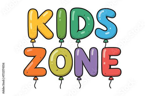 Kids Zone lettering with letters as helium balloons. Colorful funny cartoon alphabet. Children's playroom decoration. Play area banner. Vector illustration for birthday party.