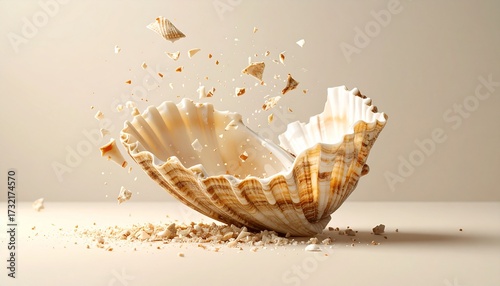 Seashell shattering, pieces spreading across a simple backdrop