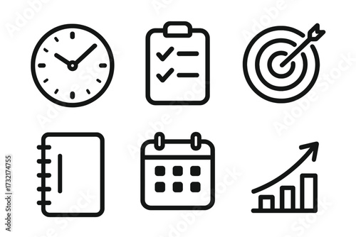 Productivity icon set for business success. Concepts of time management, goal setting, strategy. Minimalist outline vector icons: clock, checklist, target, calendar, growth chart.