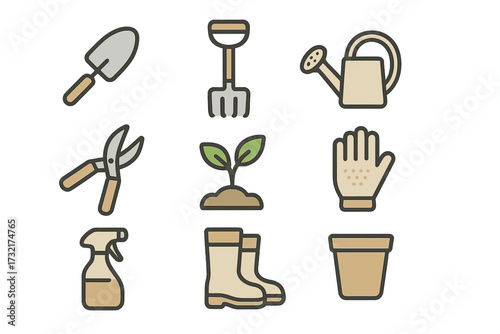 Garden tools and accessories icon set for horticulture. Minimalist vector cartoon illustration. Gardening equipment collection with shovel, fork, watering can, and plant.