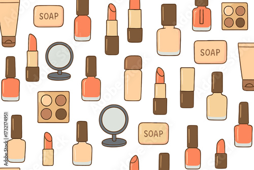 Cosmetic and makeup seamless pattern. Beauty products background. Flat hand drawn vector icons set. Lipstick, nail polish, soap, eye shadows, mirror. Woman stuff, girls accessories.