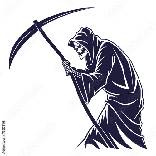 Grim reaper with scythe in dark blue color
