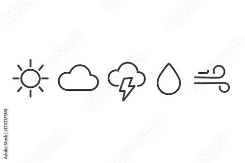 Minimalist weather icons set with sun, cloud, lightning, raindrop, snowflake, wind symbols. Vector cartoon illustration. Transparent background. Weather forecast, climate symbols collection.