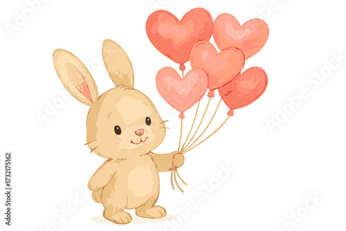 Cute bunny with heart balloons. Watercolor rabbit for Valentine's Day, Mother's Day, or baby shower. Adorable character illustration for birthday card or nursery print.