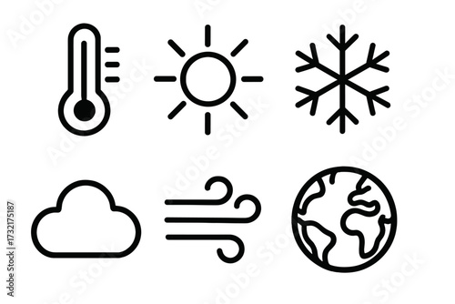 Minimalist weather icons set with thermometer, sun, snowflake, cloud, wind, and earth symbols, vector cartoon illustration with transparent background, ordered simple design for weather forecasts