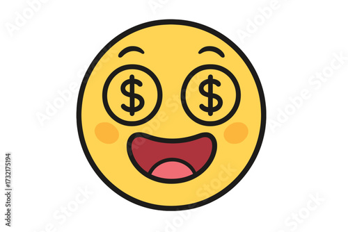 Money-eyed emoji hypnotized by wealth. Vector smiley face with dollar signs. Rich, greedy, and happy emoticon concept for business, finance, and profit. Cash lover icon.