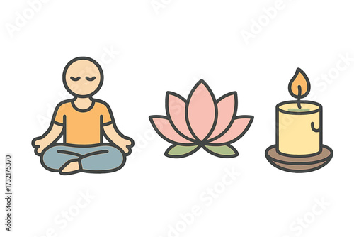 Peaceful yoga icons set with meditation pose, pink lotus flower, and burning candle, vector cartoon illustration, mindfulness, relaxation, wellness, spiritual symbols