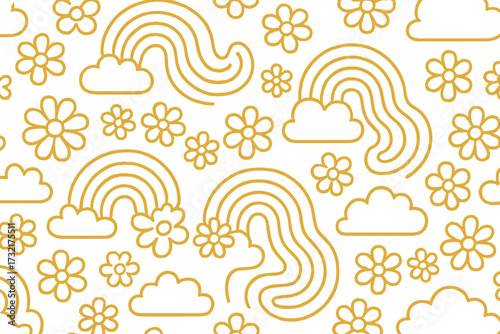 Groovy retro seamless pattern with wavy rainbows, flowers, clouds. 70s style psychedelic background. Hippie floral vector illustration. Vintage doodle line art wallpaper texture.